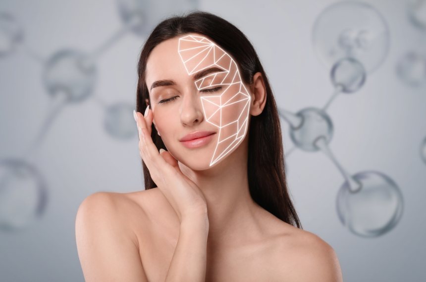 Rosto feminino com linhas de proporção facial