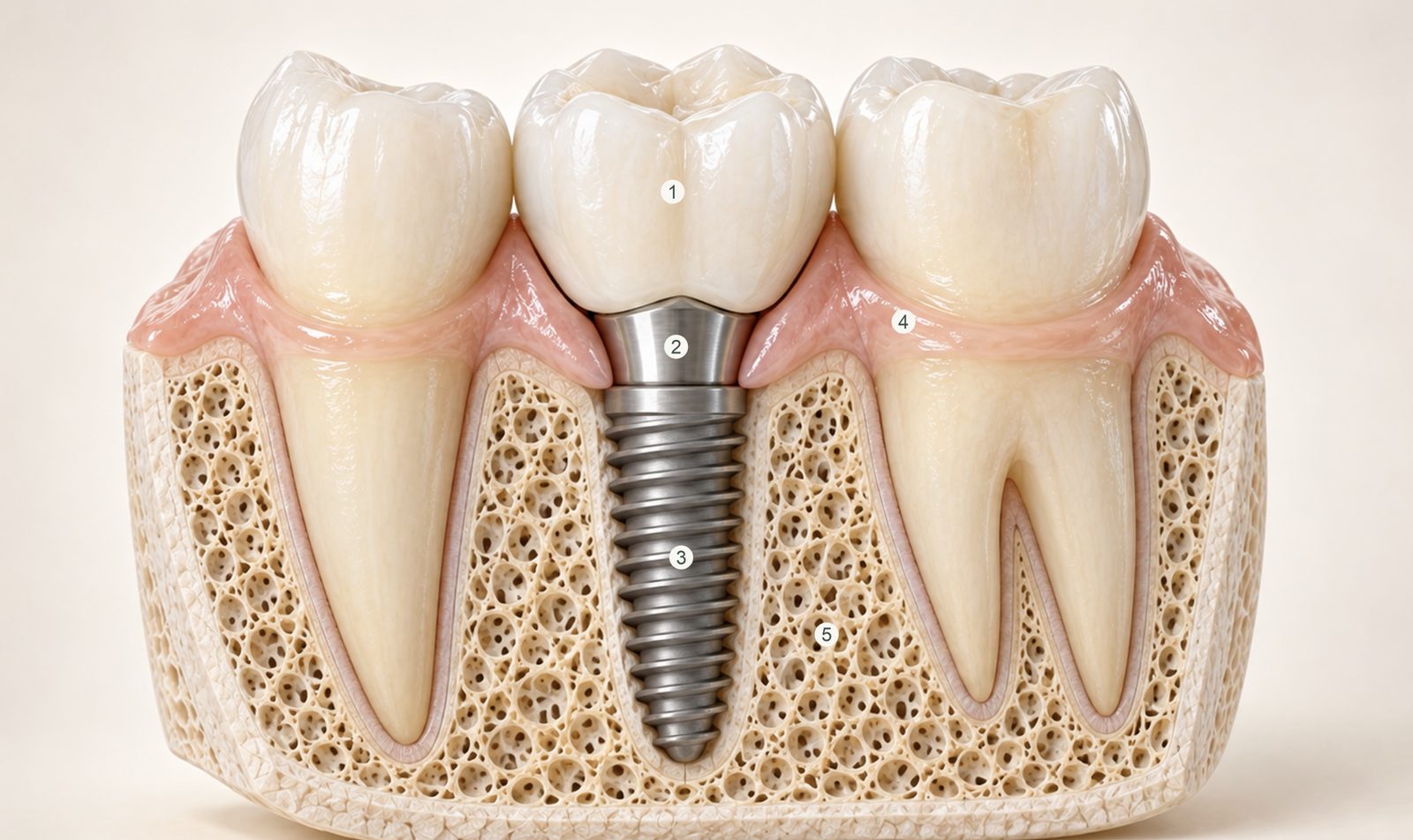 Ilustração em corte de um implante dentário entre dois dentes naturais, com coroa, pilar, implante, gengiva e osso numerados